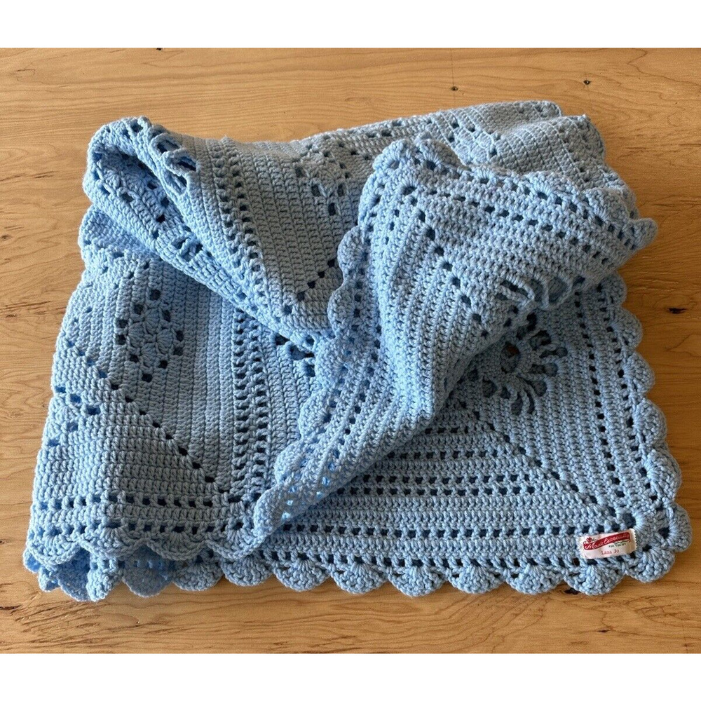 Vintage Handmade Crochet Blanket Floral Baby Blue Afghan Throw 65x51